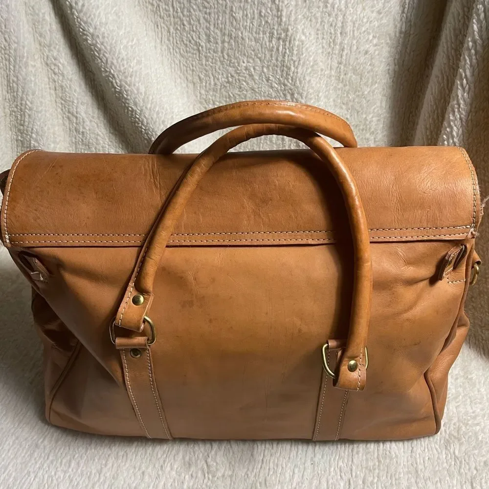 Classic Tan Leather Duffel travel weekender Bag gold tone hardwares